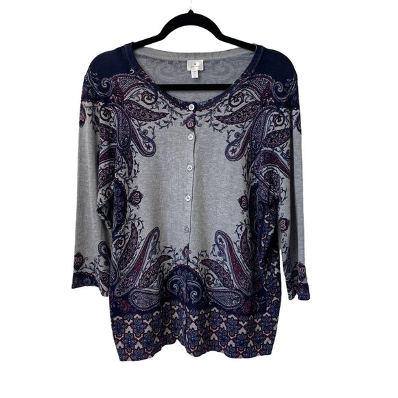 DRESSBARN CARDIGAN SWEATER FLORAL PAISLEY 3/4 SLEEVE STRETCHY WOMEN'S 1X GRAY - Picture 1 of 8